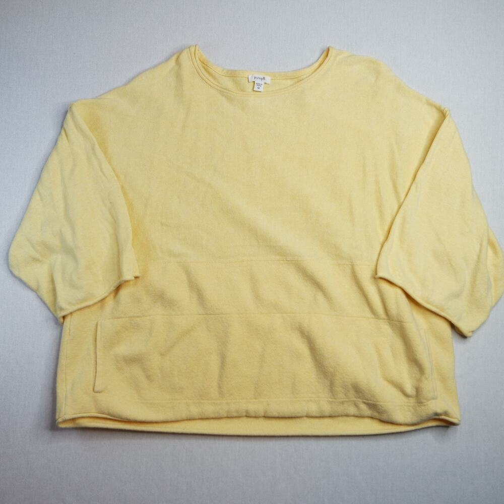 Y2K VTG Pure Jill Knit Top Womens Size M 3/4 Sleeve Cashmere Yellow Front Pocket